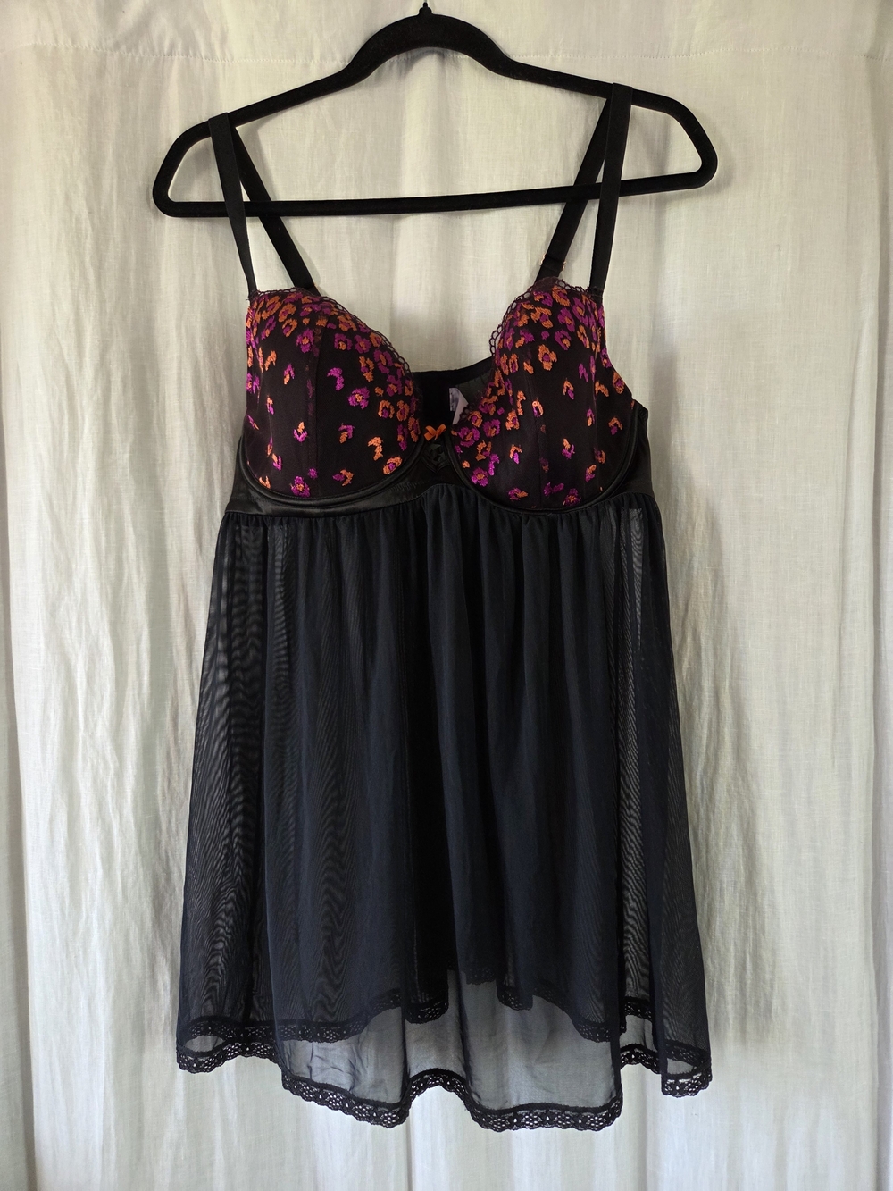 Savage X Fenty | Black Mesh Babydoll Chemise with Pink & Orange Floral Cups